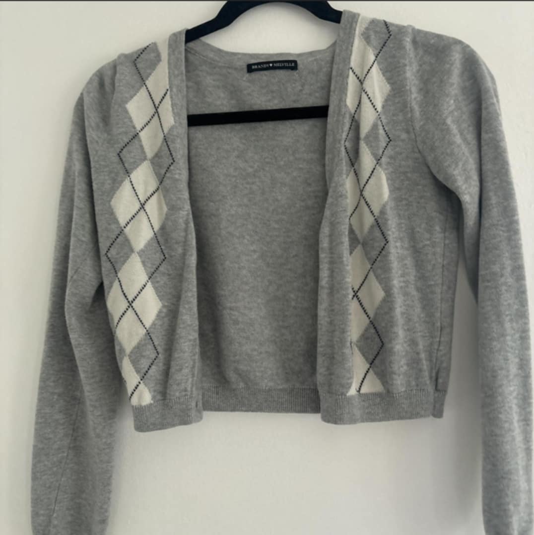 Brandy Melville Grey & White Argyle Cardigan – One Size