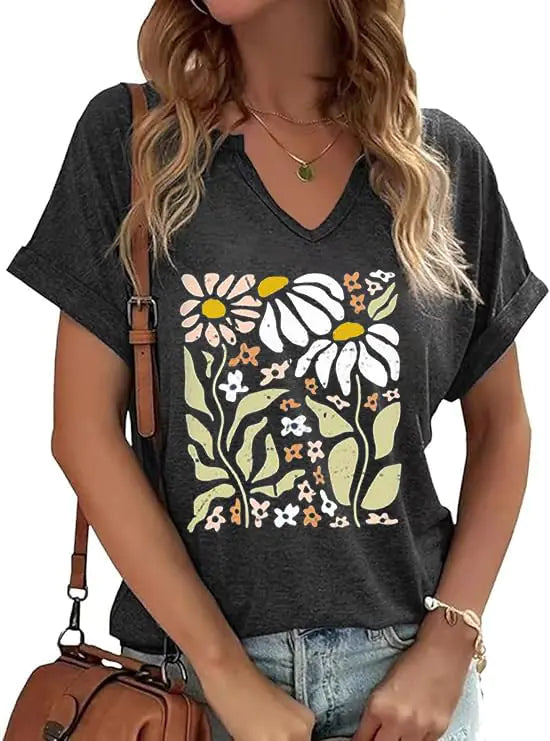 Puckolity Vintage Wildflower V-Neck T-Shirt